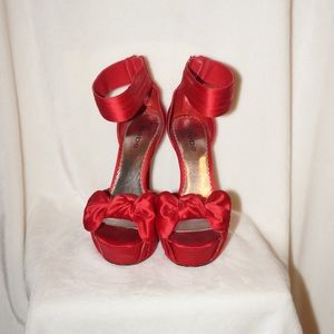 Red Satin Bebe Bow Heels